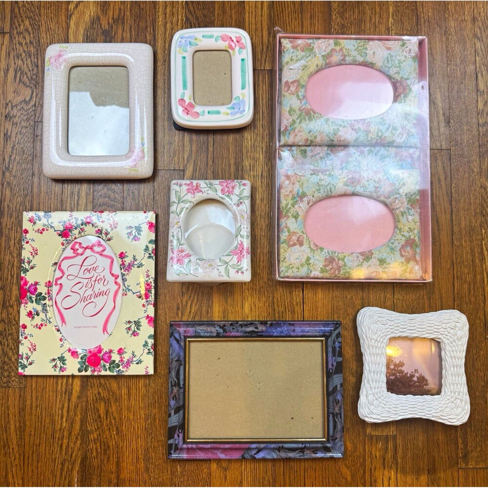 Lot of 7 Floral Vintage Photo Frames Ceramic, Fabric, Wicker